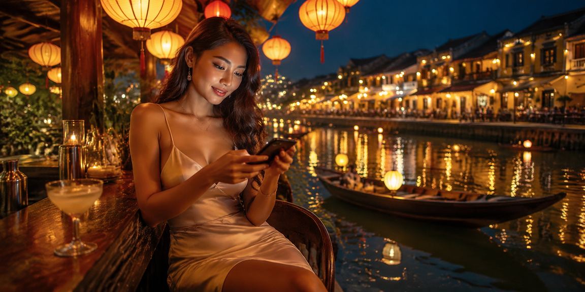 Không gian cà phê Hội An minh họa cách xem Jackpot trên điện thoại
